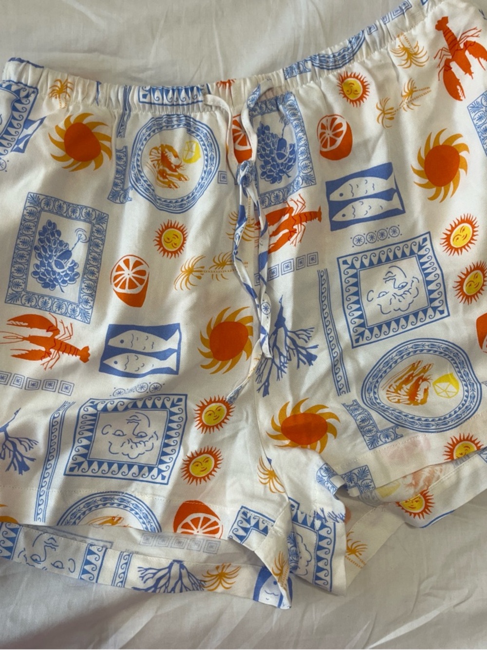 White Shorts with Blue & Orange Sun and Seafood Print